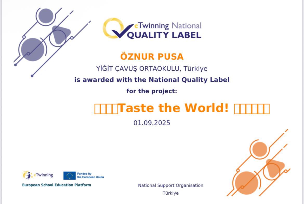 ▪️Okulumuz İngilizce öğretmeni Öznur Pusa, yürüttüğü’Taste the World’adlı eTwinning projesiyle Ulusal Kalite Etiketi almaya hak kazanmıştır.

Öğretmenimizi ve öğrencilerimizi tebrik ediyoruz👏
<a href="/ErnezDemir/">Demir Ernez</a> <a href="/sadoglu_salih/">Salih Sadoğlu</a>
<a href="/SurMilliEgitim/">Sur İlçe Milli Eğitim Müdürlüğü</a> <a href="/Diyarbakirmem/">Diyarbakır İl Millî Eğitim Müdürlüğü</a>
<a href="/eTwinningdyrbkr/">eTwinning Diyarbakır</a> <a href="/tretwinning/">eTwinning Türkiye</a>