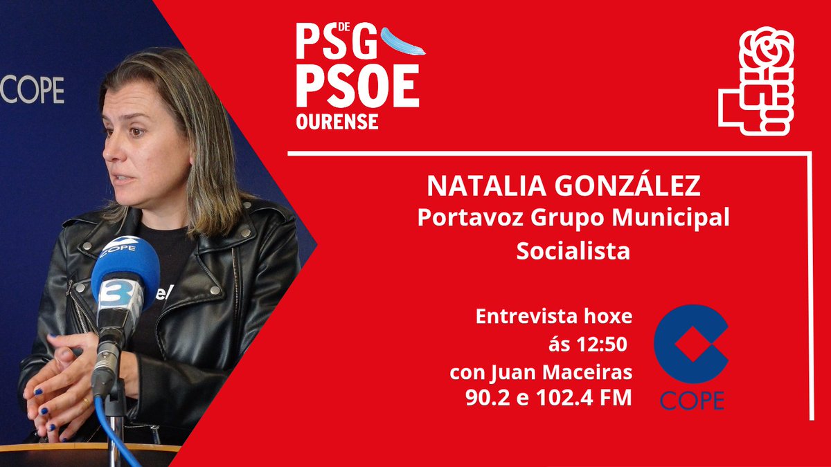 PSdeG da cidade de Ourense (@gms_ourense) on Twitter photo 🎧🎙Hoxe, nos micros da Cope, a portavoz do grupo municipal socialista, <a href="/NataliaGlezB/">Natalia González /❤️</a>, abordará asuntos de actualidade no Concello de Ourense.
🖇 cope.es/emisoras/galic… 🎧🎙Hoxe, nos micros da Cope, a portavoz do grupo municipal socialista, <a href="/NataliaGlezB/">Natalia González /❤️</a>, abordará asuntos de actualidade no Concello de Ourense.
🖇 cope.es/emisoras/galic…
