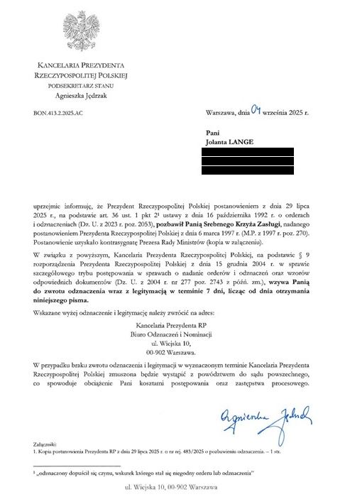 Agnieszka Jędrzak (@ajedrzak) on Twitter photo W imieniu Pana Prezydenta @nawrockikn, skierowałam dzisiaj pismo do Jolanty Lange, dawniej Gontarczyk, domagając się zwrotu przyznanego jej w roku 1997 Srebrnego Krzyża Zasługi. W imieniu Pana Prezydenta @nawrockikn, skierowałam dzisiaj pismo do Jolanty Lange, dawniej Gontarczyk, domagając się zwrotu przyznanego jej w roku 1997 Srebrnego Krzyża Zasługi.