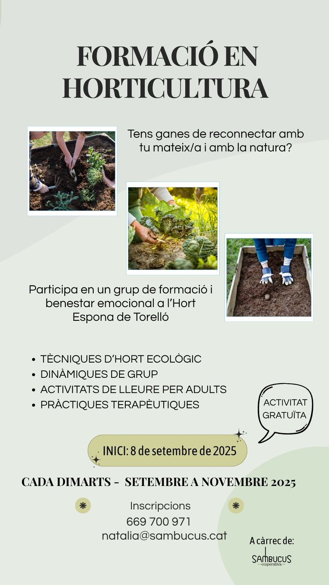 Ajuntament de Torelló (@ajtorello) on Twitter photo 🥬 HORTICULTURA | Nou projecte de formació i benestar emocional a l'hort de l'Espona. Gratuït i obert a tothom. 
☎️ Les persones interessades es poden adreçar al telèfon 669 700 971 o al correu electrònic natalia@sambucus.cat.
🔗 torello.cat/nou-projecte-d… 🥬 HORTICULTURA | Nou projecte de formació i benestar emocional a l'hort de l'Espona. Gratuït i obert a tothom. 
☎️ Les persones interessades es poden adreçar al telèfon 669 700 971 o al correu electrònic natalia@sambucus.cat.
🔗 torello.cat/nou-projecte-d…