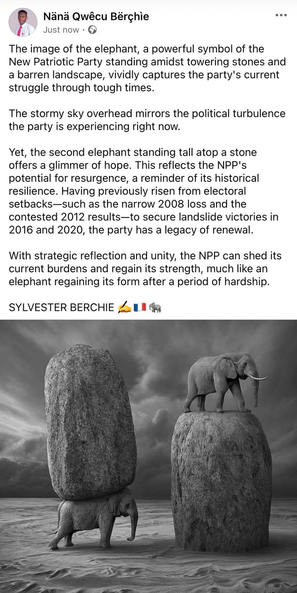 Between these two Elephants is TIME, Strategizing, Unity, and Hope ! 

The NPP Will Be Back! 🇫🇷🐘🐘✍️🔥