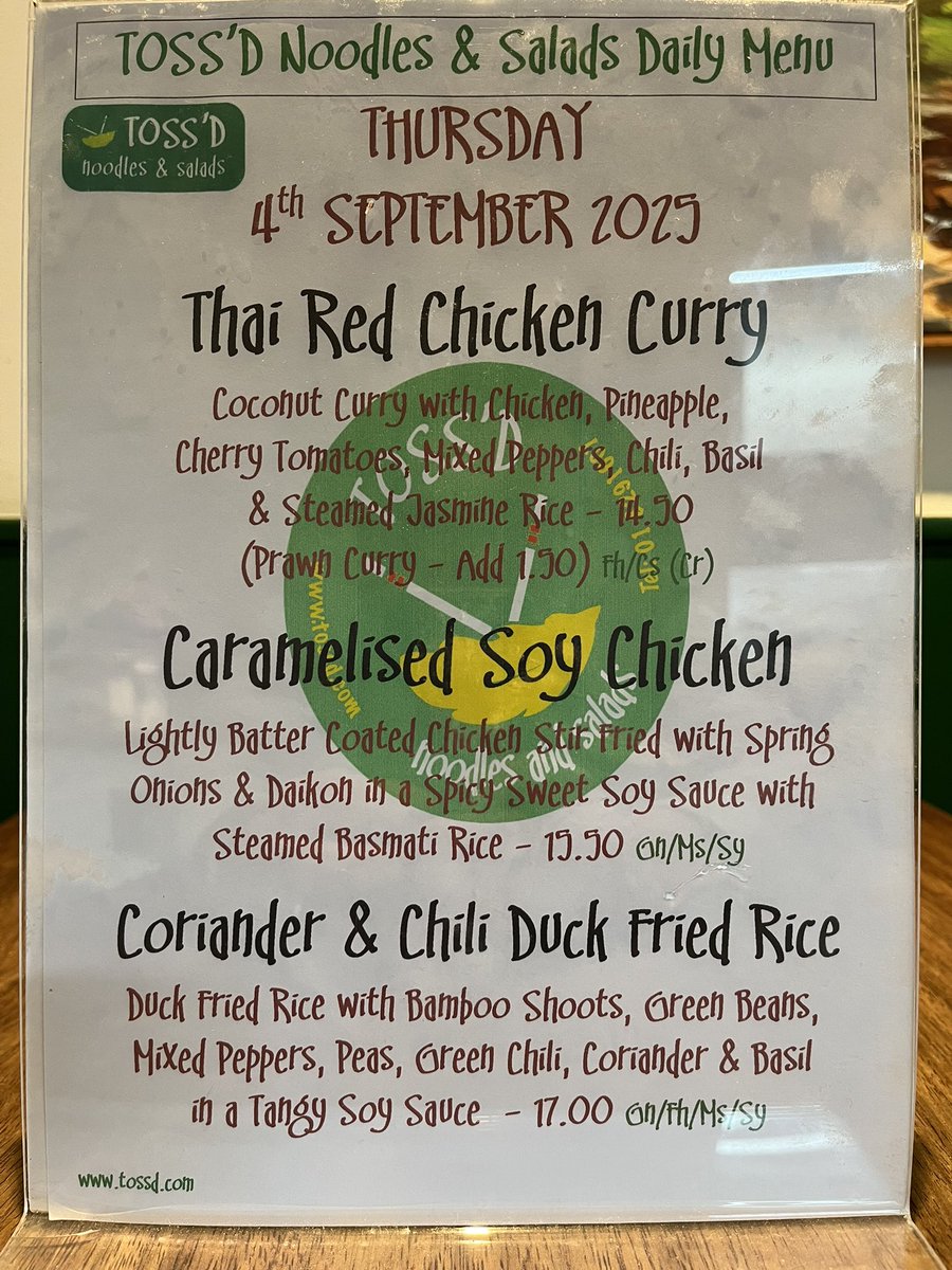 THURSDAY: 04/09/2025
CALL &amp; COLLECT - Call 018291607
.
.
.
#tossd #lunchdublin #noodles #ramen #lunch #chqdublin #lovindublin #restaurants #food #LunchTime #eat #fresh #thaifood #vegetarian #vegan #lunchbreak #lunchspecial #lunchmenu #asianeats #asianfood #thai #dublinfoodie