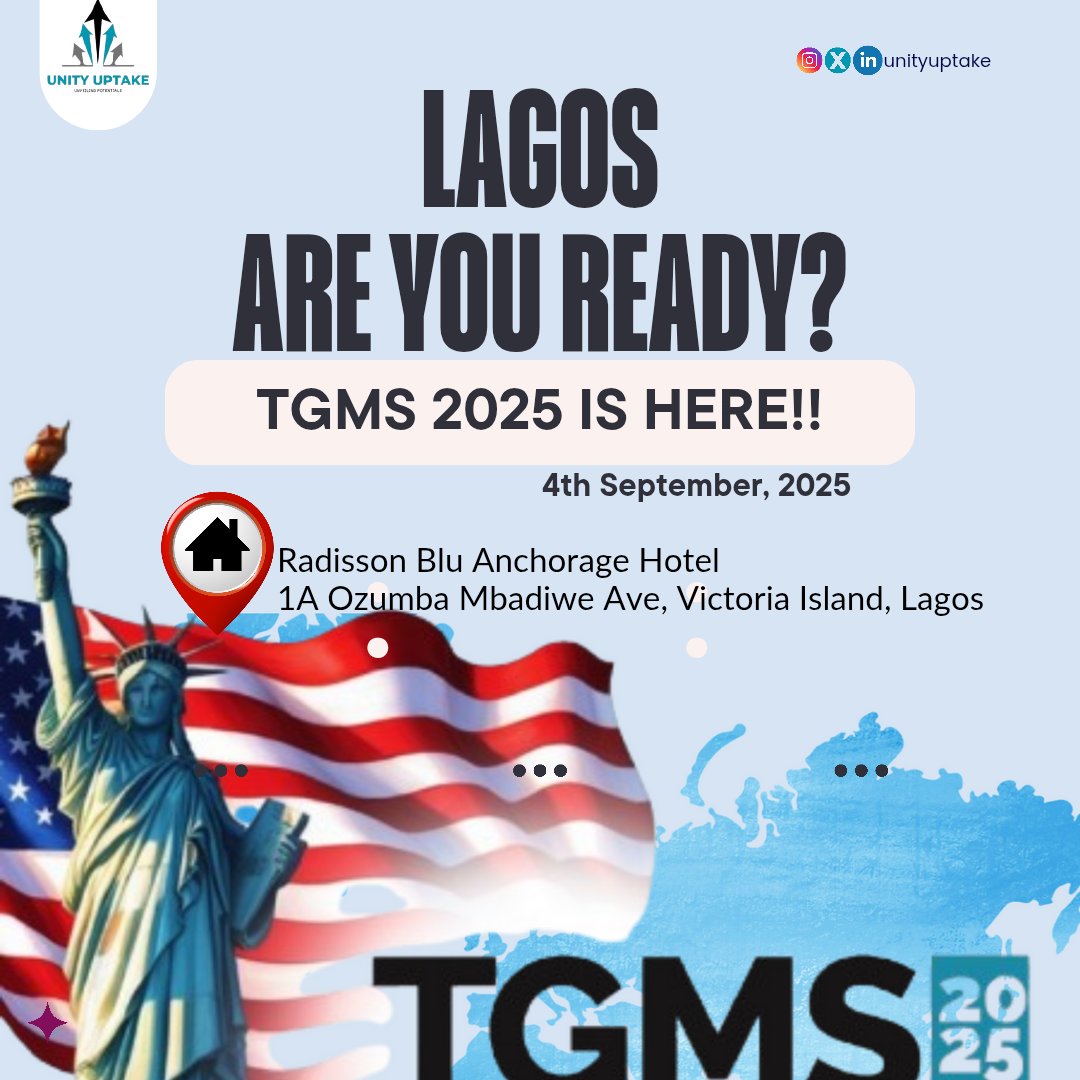 Unity_Uptake's tweet image. 🔥 All roads lead to TGMS 2025 Lagos today!
Clarity. Strategy. Results.
📍 Radisson Blu VI | ⏰ 1PM

🎟 Last chance → ⏳ Pay ₦40K → Access Bank 0006328465 (OLUWASEYI ABEGUNDE)
📲 Confirm → 0816 687 1091

⚡ Doors open TODAY!
#MigrateSmart #TGMS2025
