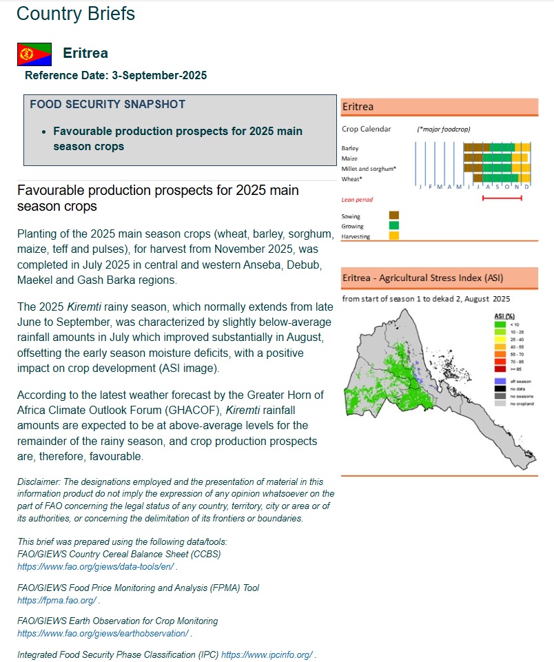 FAO Eritrea (@faoeritrea) on Twitter photo 🌾Positive outlook for 🇪🇷!
<a href="/FAO/">Food and Agriculture Organization</a>’s latest GIEWS brief reports favorable production prospects for the 2025 main season crops, following improved Kiremti rains in August & supportive forecasts. ተስፋ ዝህብ ክረምቲ!🌧️
👉bit.ly/4g5WaRL
#Eritrea #FoodSecurity #Agriculture 🌾Positive outlook for 🇪🇷!
<a href="/FAO/">Food and Agriculture Organization</a>’s latest GIEWS brief reports favorable production prospects for the 2025 main season crops, following improved Kiremti rains in August & supportive forecasts. ተስፋ ዝህብ ክረምቲ!🌧️
👉bit.ly/4g5WaRL
#Eritrea #FoodSecurity #Agriculture