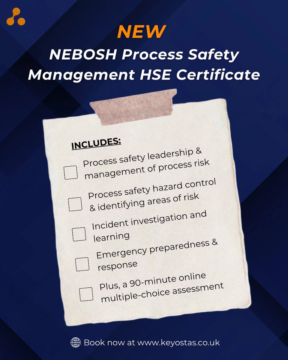 KeyOstas's tweet image. Another new NEBOSH course now available at KeyOstas: HSE Certificate in Process Safety Management! 🦺

Find out more or book now at:
🌐 lnkd.in/epgkvTAR
📩 enquiries@keyostas.co.uk 
📞 03300 569534 

#processsafetymanagement #nebosh #hsecertificate #healthandsafetycourses