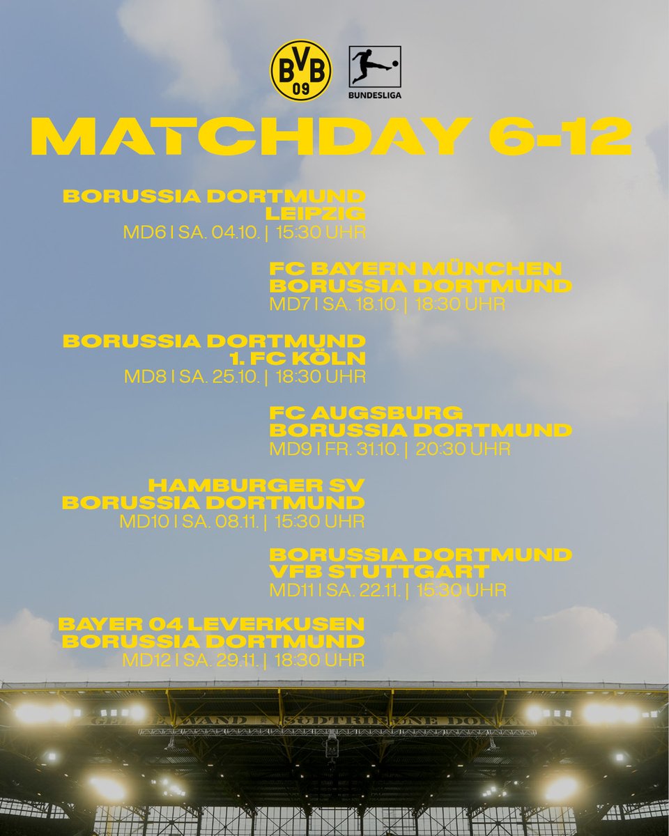 ⚠️ Drei Topspiele für den BVB: Die DFL hat die Spieltage 6 bis 12 der Saison 25/26 zeitgenau angesetzt. 🗓️

Zur Übersicht 🔗go.bvb.de/ansetzungen