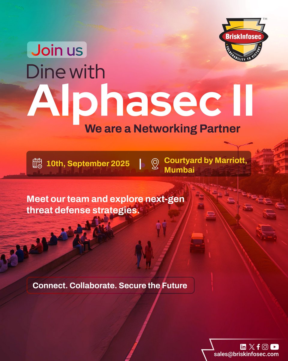briskinfosec's tweet image. 🌟 #Briskinfosec is proud to be a Networking Partner at #DineWithAlphaSec II!

Join us on 10th Sept at Courtyard by Marriott, Mumbai &amp;amp; connect with cybersecurity leaders shaping the future of digital defense. 

#Cybersecurity #Mumbai #Networking #Event #Cyberdefense #infosec