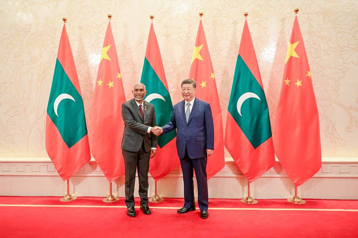 presidencymv's tweet photo. His Excellency President Dr @MMuizzu returns to Malé following a successful official visit to China, undertaken at the invitation of His Excellency President Xi Jinping. The official visit reinforced Maldives–China relations and advanced multilateral cooperation at the SCO Summit. 

Key agreements and MoUs were signed across vital sectors, and President Dr Muizzu held high-level meetings with world leaders to strengthen bilateral ties. This visit reflects an important milestone in the enduring Maldives–China friendship.

#MaldivesChina