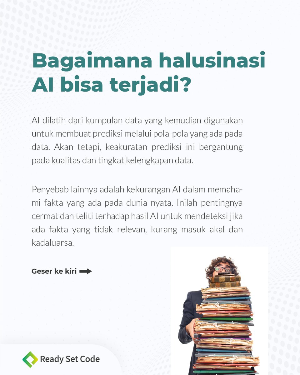 readysetcodeid's tweet image. Pernahkah kalian mendengar apa itu halusinasi AI? Atau apakah kalian pernah menggunakan AI, tetapi jawaban yang kalian terima tidak masuk akal? Yuk cari tahu apa itu halusinasi AI di sini!
#coding #programming #readysetcode