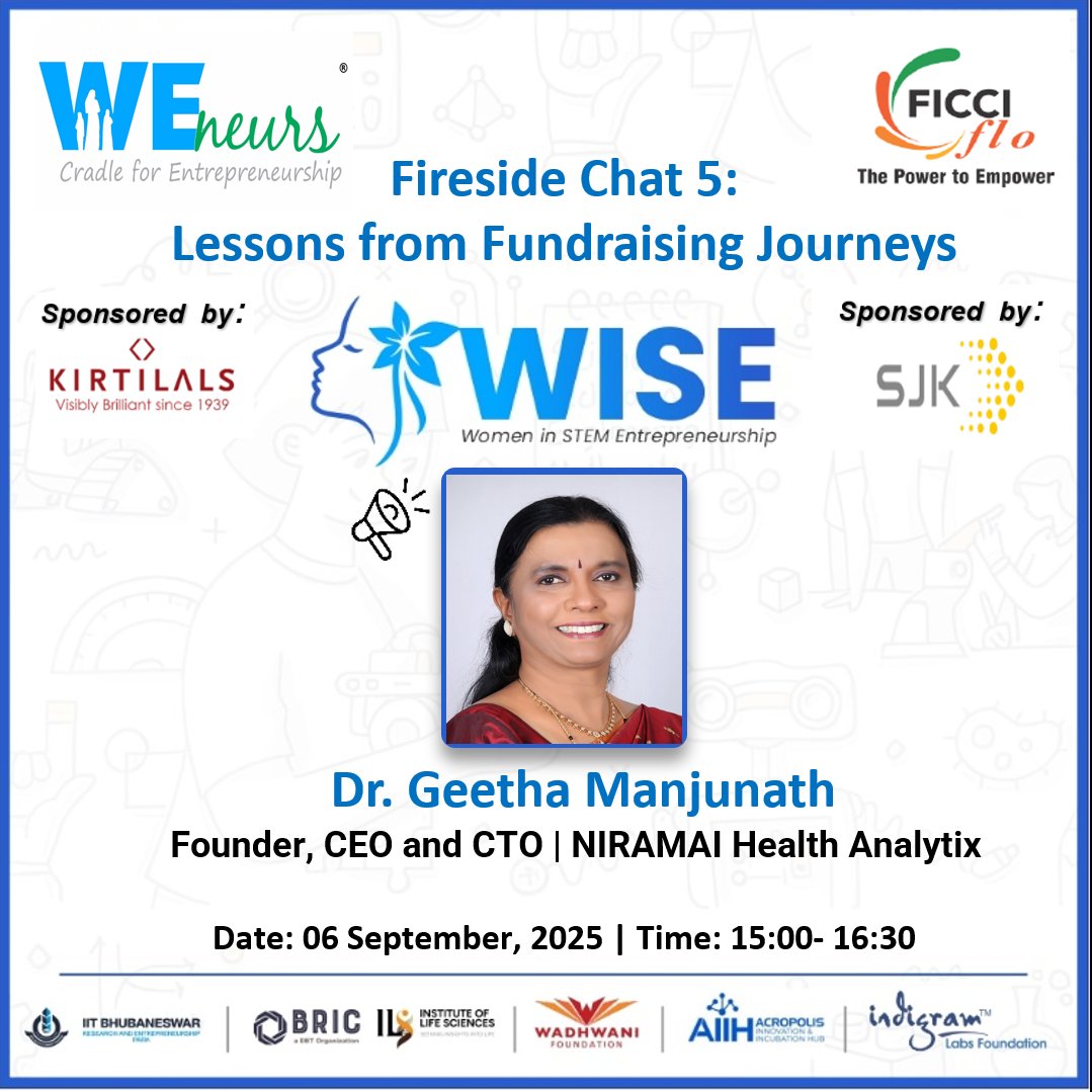 🌟 Closing the WISE Cohort on a high! 🌟
Fireside Chat #5: Lessons from Fundraising Journeys with Dr. Geetha Manjunath, Founder &amp; CEO NIRAMAIHealth — a globally renowned innovator &amp; Forbes Top 20 Self-Made Woman.
📅 6 Sept | 🕒 3–4:30 PM | 💻 Zoom
#WISECohort #WomenInSTEM