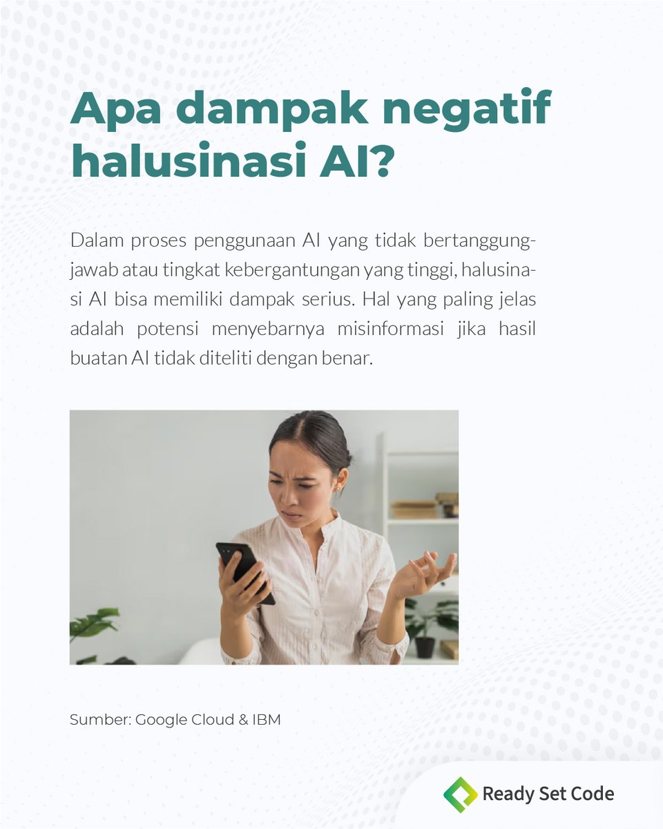 readysetcodeid's tweet image. Pernahkah kalian mendengar apa itu halusinasi AI? Atau apakah kalian pernah menggunakan AI, tetapi jawaban yang kalian terima tidak masuk akal? Yuk cari tahu apa itu halusinasi AI di sini!
#coding #programming #readysetcode