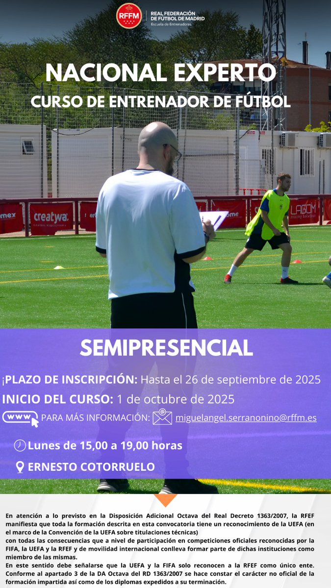 🔜 Continúa tu formación federativa si tienes Nivel II federativo, Nivel avanzado o UEFA 🅰️, o tienes el RoC UEFA 🅰️ en vigor

La Escuela de <a href="/EntrenadoRffm/">Comité y Escuela de Entrenadores de la RFFM</a> convoca el curso NACIONAL EXPERTO

📅 1 de octubre de 2025 - 30 de junio de 2026

INSCRÍBETE 👇

🔗 onformacion.rfef.es/fed/soUmAGlEt2…