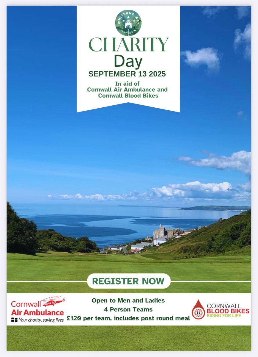 Captain’s Charity Day 2025 is fast approaching! 

Saturday 13th September- £120 per Team of 4 which includes a post round meal, raising funds for <a href="/cornwallairamb/">Cornwall Air Ambulance</a> and <a href="/CFWBloodBikes/">Cornwall Blood Bikes</a>.
Entries online ⬇️

visitors.brsgolf.com/whitsandbay#/o…

<a href="/swsportsnews/">South West Sports News</a> <a href="/PLsportsnews/">PlymouthSportsNews</a>