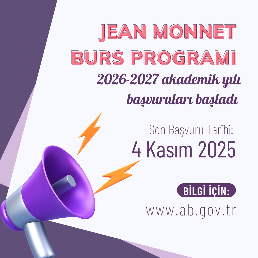 📢Applications for the Jean Monnet Scholarship Programme for the 2026-2027 academic year are now open!
📚A unique opportunity for postgraduate study or research in EU acquis!
🗓️ Deadline: 4 November 2025
🔗 Details: ab.gov.tr/54098_en.html
<a href="/jeanmonnetbursu/">JEAN MONNET BURSU</a> <a href="/EUDelegationTur/">AB Türkiye Delegasyonu🇪🇺EU Delegation to Türkiye</a>