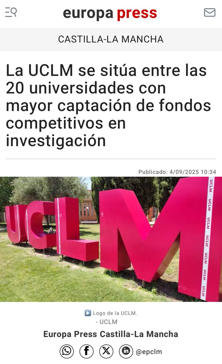 🚀 #UCLM se sitúa entre las 20 primeras universidades españolas en captación de financiación competitiva para investigación.
Con más de 5 millones €, una tasa de éxito del 45 % y un claro liderazgo en innovación, reafirma su papel como motor científico de la región. 🌟