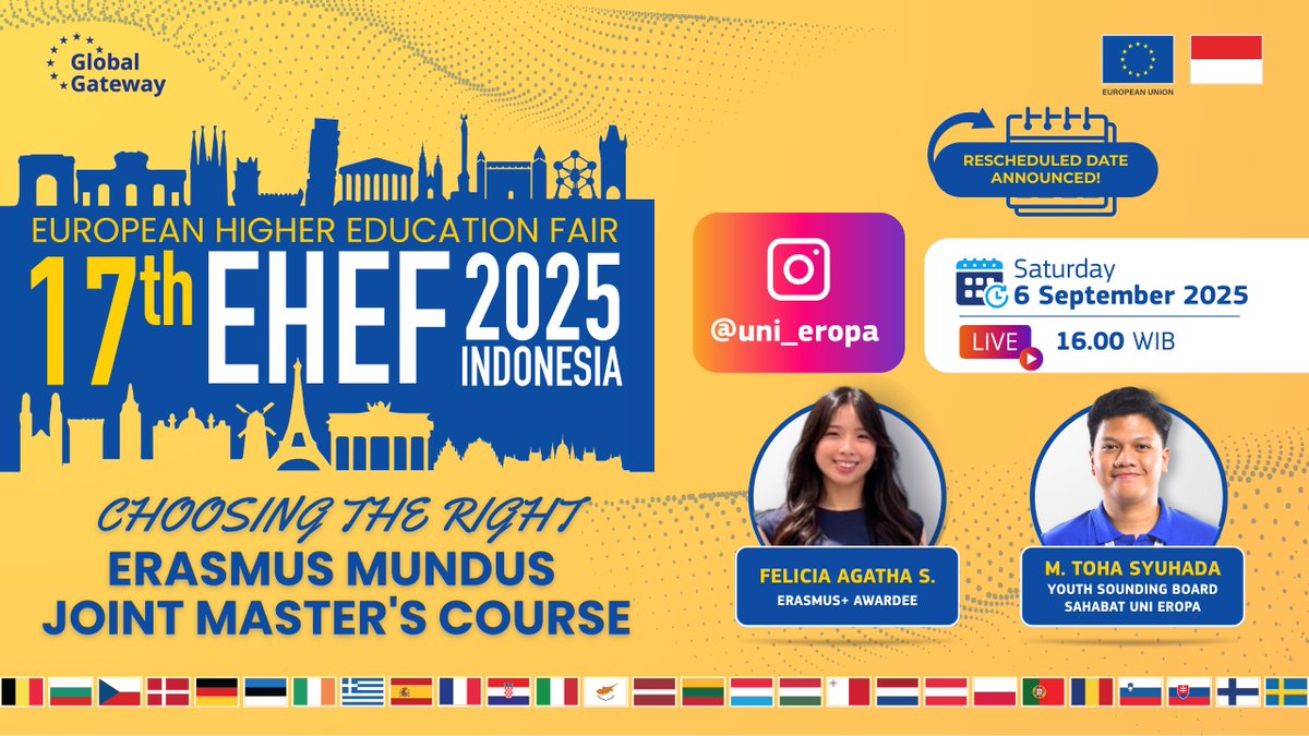 We’re back 🎉 IG Live “Choosing the Right Erasmus Mundus Joint Master’s Course” is rescheduled 🎓✨ Hosted by Youth Sounding Board Indonesia, hear Erasmus+ alumna share real talk and tips on choosing the study path that fits your goals 📅 6 Sep | 🕒 16.00 WIB | IG Live <a href="/uni_eropa/">EU in Indonesia</a>
