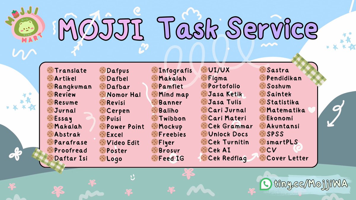 lottucde's tweet image. 🎀 Tugas numpuk? Tenang, Mojji bantuin~
Kamu bisa fokus istirahat, tugasnya biar kami yang kerjain 💻🌸

📝 Essay
🌐 Translate
🎨 Poster &amp;amp; infografis dll 

✨ Kerja cepat &amp;amp; teliti
💸 Harga bersahabat
⏰ Tepat deadline

📲 tiny.cc/MojjiWA
📥 @creamousse