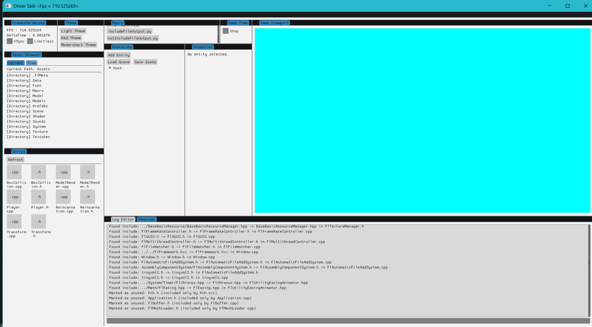 falcon0264's tweet photo. 今回作成したエディタ
環境　DirectX12　　言語　C++23（MSVS2022）
設計　Hybrid Entity Component System

コンポーネントとシステム部分をDLLで管理しEXEから分離することでホットリロード実装
定期的にDLLがビルドされたか確認しされていたら自動で読込 https://t.co/eZ0YiWbNXA