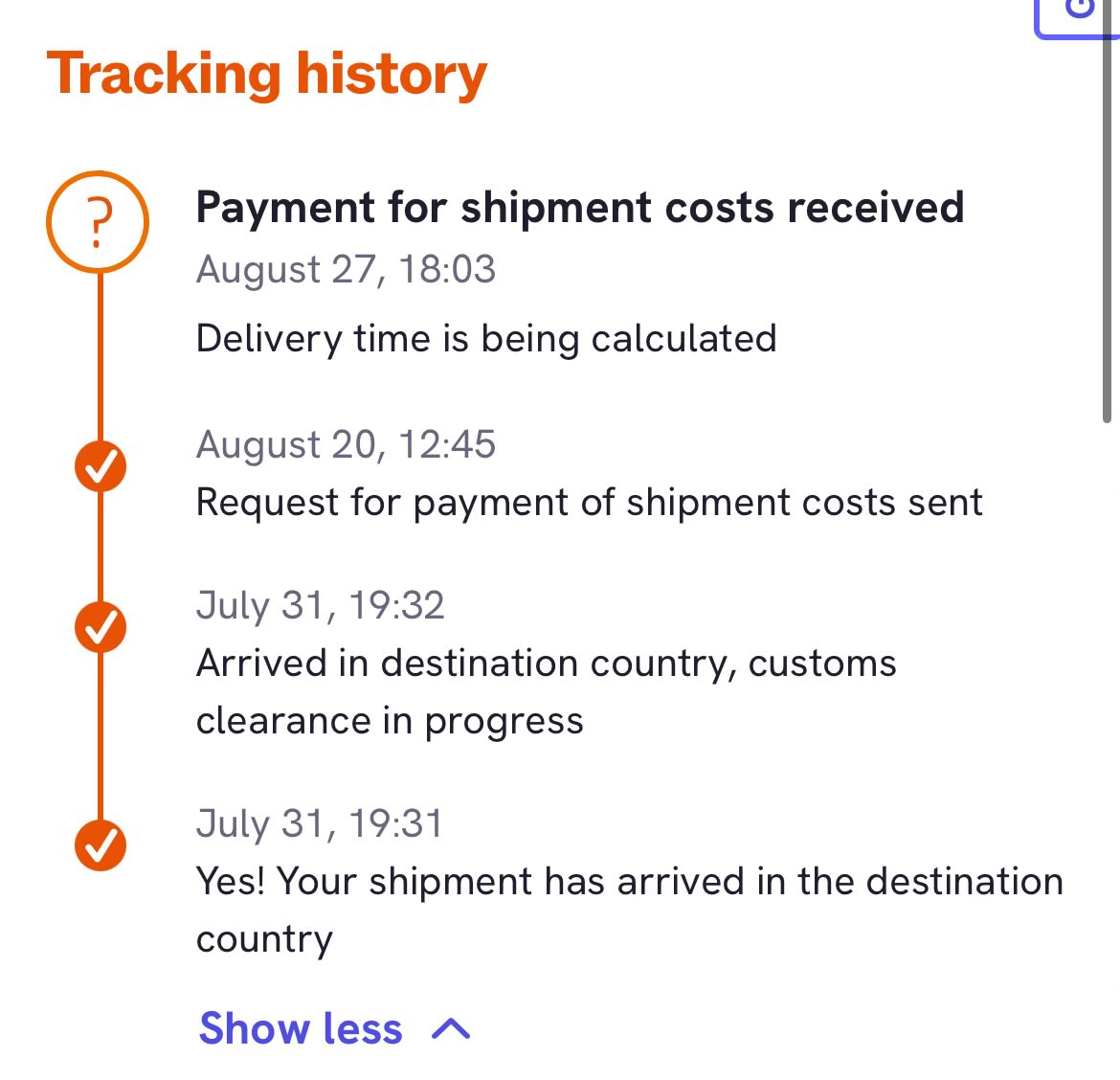 Заказала парню небольшой подарок из UK на др в августе. 
Оплатила в конце июля, 31.07 посылка прибыла в Нидерланды… 

Еще мне нравятся наши налоги. Подарок стоит 30 фунтов + 14 доставка. И налог 25 евро 🙂‍↕️

В целом этот подарок уже можно и к НГ отложить