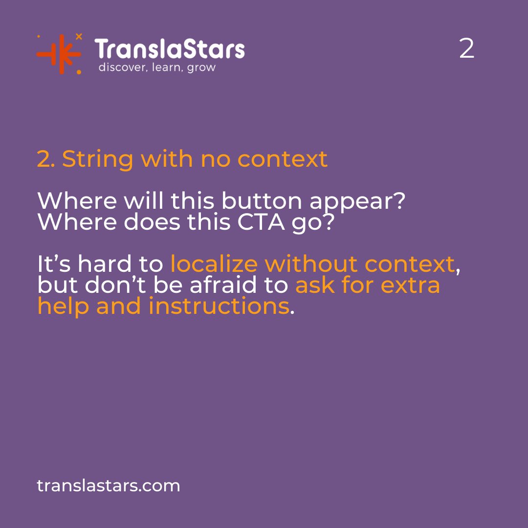 TranslaStars's tweet image. ๐ฑ๐ ๐ญ๐ฌ #AppLocalization ๐๐ถ๐ฝ๐
๐ know app
๐งญ context
๐ character limits
๐ฏ UX first
๐ locale
๐ clear UI
๐ผ๏ธ images
๐งฎ variables/plurals
โ๏ธ legal
๐ก RTL/Unicode
๐ Join our #courses to master App Localization:
๐ฎ๐น translastars.com/course/localizโฆ
๐ฌ๐ง translastars.com/course/mobile-โฆ