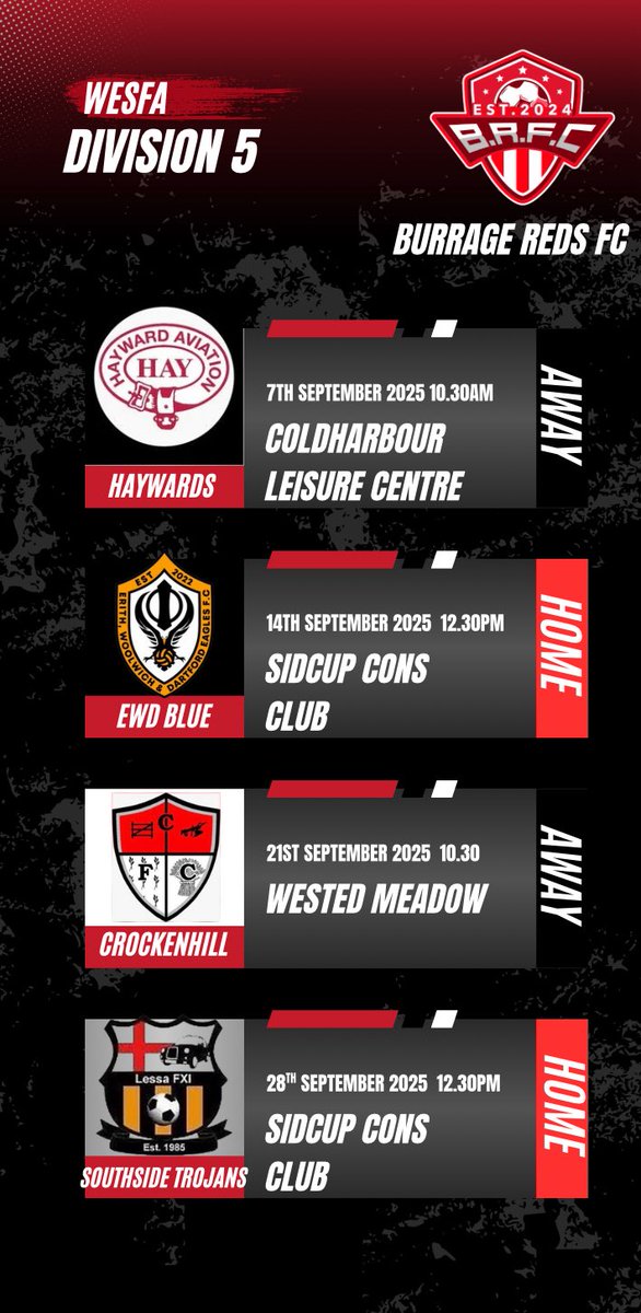Our first season in men’s football kicks off this September in WESFA Division 5. Here are our opening fixtures. 🔴⚪