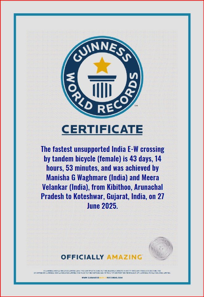 Coming to X to celebrate 2 woman tandem GWR , traversing India East to West.
This is in tandem and unsupported category.