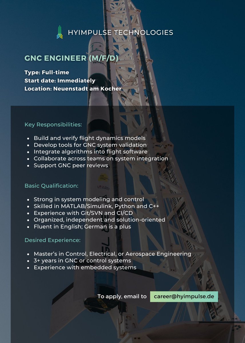 HyImpulseTech's tweet image. #JobAlert
We&apos;re hiring!🚀

Join #HyImpulse to revolutionize the future of space access.

Ready to take off?
🔗hyimpulse.de/en/career
✉️Send an email to career@hyimpulse.de
