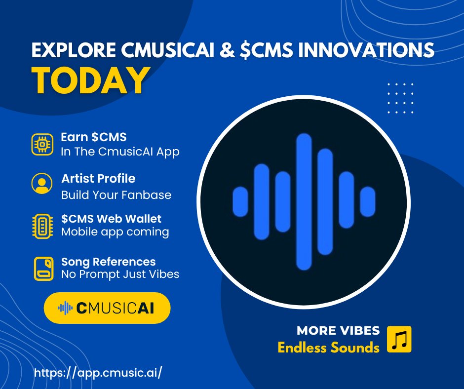 cmusicai's tweet image. Explore CmusicAI &amp;amp; CMS innovations today. Not just music but also blockchain, built for you. 🚀

💰 Earn $CMS directly in the CmusicAI App
🎤 Create your Artist Profile &amp;amp; grow your fanbase
💳 Use the $CMS Web Wallet, mobile app coming soon
🎵 Access Song References no prompt,…