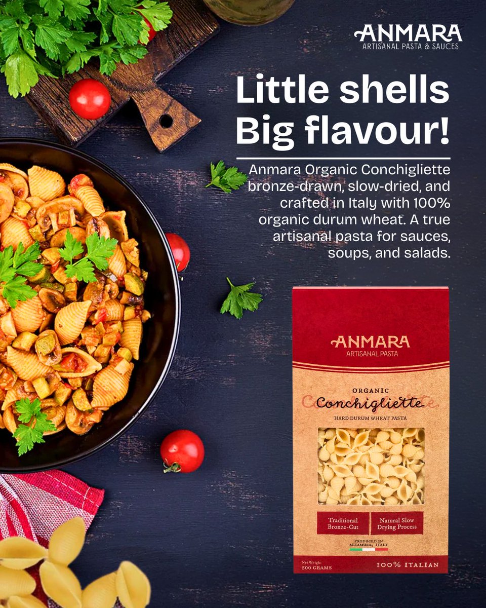 AnmaraIndia's tweet photo. Anmara Organic Conchigliette Pasta โ 100% durum wheat, bronze-drawn, slow-dried, and perfect for soups, sauces, and hearty bowls at home.
https://t.co/Ze9ZtFkZEP
#Excellence #AnmaraPasta #OrganicPasta #ShellPasta #ItalianTaste #ArtisanalPasta #WholesomeMeals #DurumWheat https://t.co/OAkz3iOmAQ