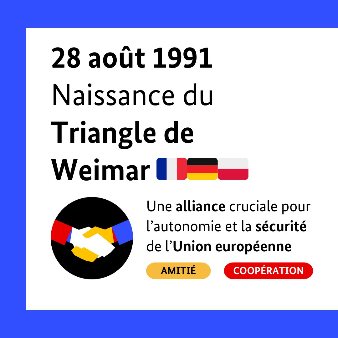 AllemagneDiplo's tweet image. Le #28août marque la naissance du Triangle de Weimar, colonne vertébrale de la coopération 🇫🇷🇩🇪🇵🇱. Élargie en 2025 à 🇬🇧, 🇮🇹, 🇪🇸 et 🇪🇺 (Weimar+), cette alliance reste cruciale pour l’autonomie stratégique et la sécurité 🇪🇺. Joyeux anniversaire!
