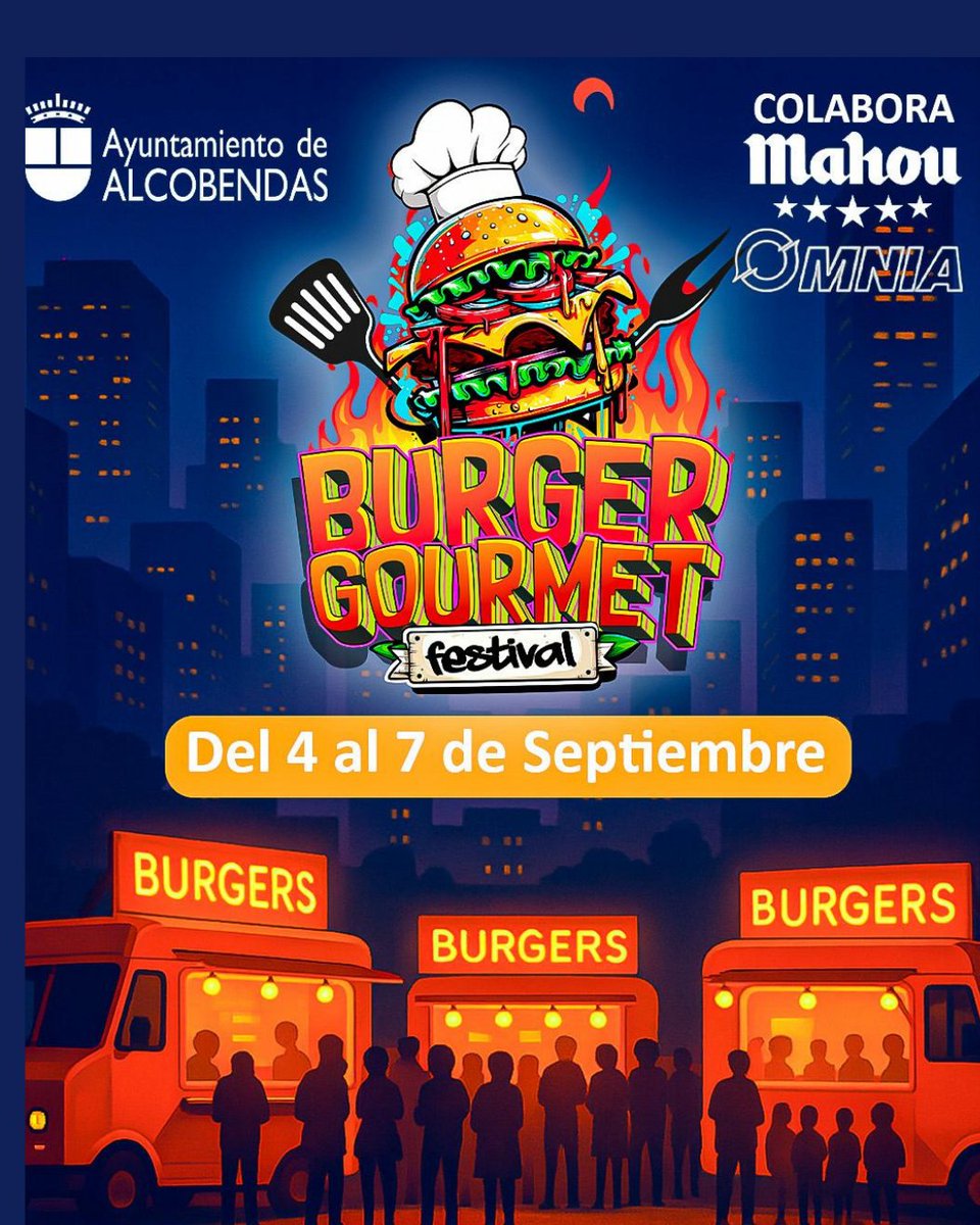 🎉 🔥¡No te pierdas en #Alcobendas el 'Burger Gourmet Festival'!

🚛 +9 foodtrucks
🍔 18 hamburguesas diferentes
📆 Del 4 al 7 de septiembre
📍 Recinto Ferial Parque de Andalucía

🕖 HORARIOS
Jueves: De 19 a 23 h.
Viernes: De 19 a 0 h.
Sábado De 13 a 0 h.
Domingo: de 13 a 23 h.