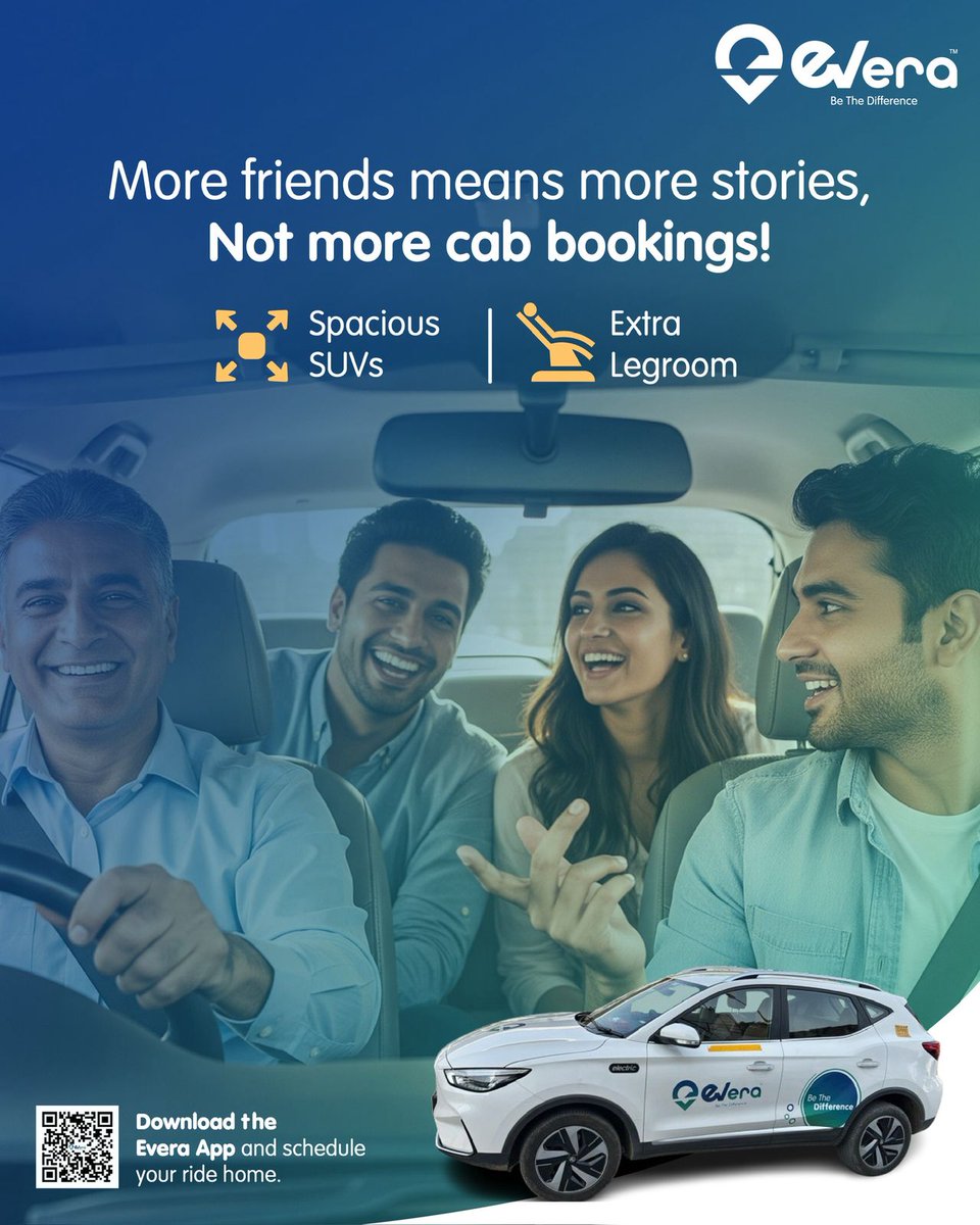 everacabs's tweet photo. ✨ More friends. More stories. Zero extra cab bookings.

With Evera’s spacious SUVs and extra legroom, everyone rides together in comfort 🚙💙

👉 Click the link https://t.co/rpCUXpksoA to download the app and schedule your ride today!

#Evera #RideWithEvera #ElectricMobility https://t.co/FBfiJsfBCH