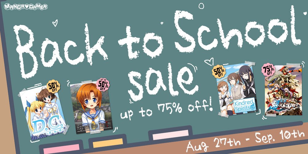 Today is the final day of MangaGamer's Back to School Sale‼️ Save up to 75% until 9PM PT, 11:59PM ET!

Check out our blog or sale page for a full list of discounts:
🏫Blog: blog.mangagamer.org/2025/08/28/bac…
💓Sale Page: mangagamer.org/btssale/