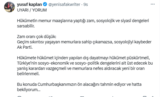 📢 YENİ ŞAFAK'TAN CUMHURBAŞKANI ERDOĞAN'A ÇAĞRI!

MEMURA ZAM KONUSUNDA ÖNEMLİ ADIM BEKLENİYOR!

ZAM ORANI ÇOK DÜŞÜK! 

EKONOMİK DENGE VE ADALET İÇİN HAREKETE GEÇİLMELİ!