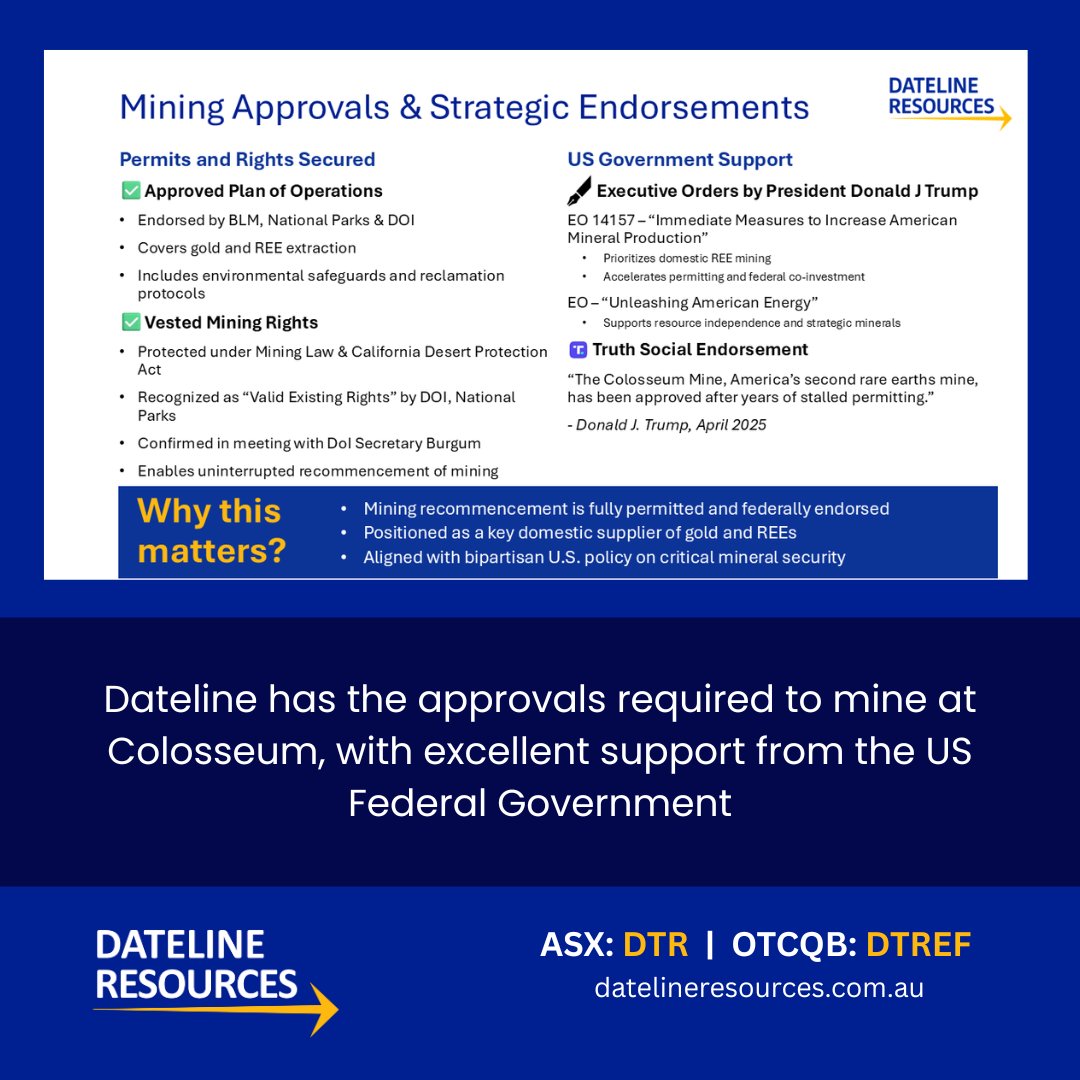 Dateline_DTR's tweet photo. @Dateline_DTR has the approvals required to mine at Colosseum, with excellent support from the US Federal Government. 
With the BFS well underway and a Final Investment Decision in early 2026, we have an excellent runway towards production at Colosseum.

#DatelineResources $DTR #ASX $DTREF #OTCQB #gold #mining