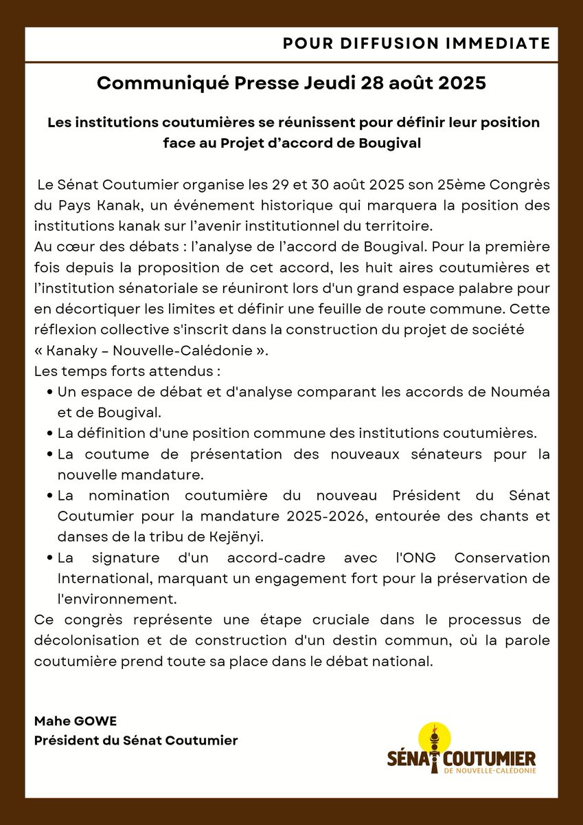 📢 [COMMUNIQUÉ] Congrès du Pays Kanak se tiendra les 29 &amp; 30 août 2025 au Sénat Coutumier.
Un moment historique pour :
✔ Débattre des accords de Nouméa &amp; Bougival
✔ Définir une position commune des 8 aires
✔ Nommer le président 2025-2026
✔ Signer un accord avec CI
#CPK2025