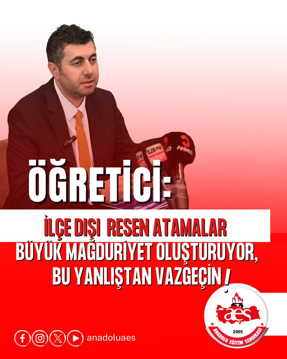 ÖĞRETİCİ:İLÇE DIŞI RESEN ATAMALAR BÜYÜK MAĞDURİYET OLUŞTURUYOR,BU YANLIŞTAN VAZGEÇİN!
BASK ve Anadolu Eğitim Sendikası Genel Başkanı Mehmet Alper ÖĞRETİCİ resen atama mağduriyetleri hakkında açıklamalarda bulundu. ÖĞRETİCİ’ nin açıklamaları şöyle;
Milli Eğitim Bakanlığı'nın