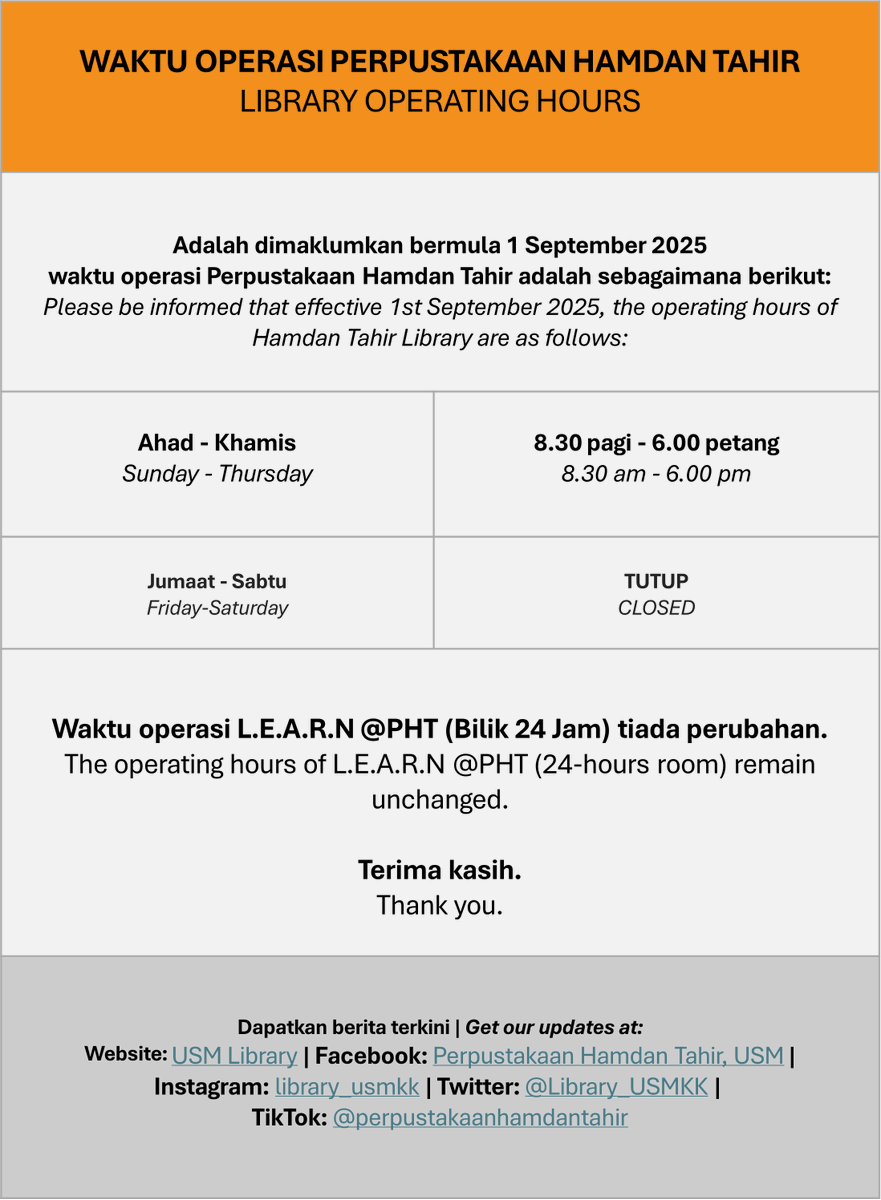🔔 Notice: Library Operating Hours Effective 1 September 2025