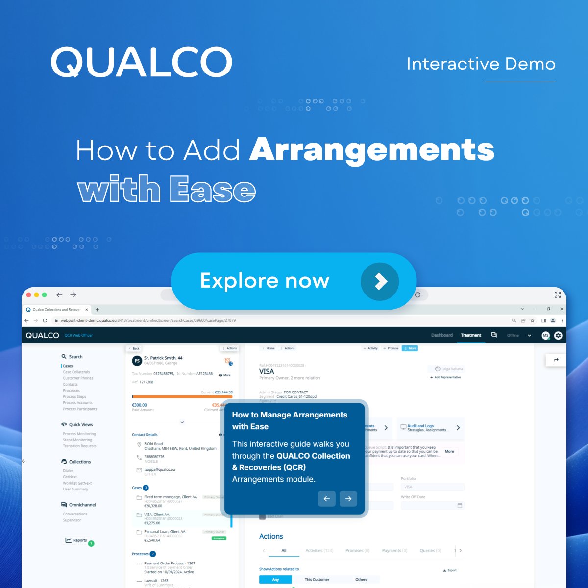qualco_sa's tweet image. ▶️Have you tried our #InteractiveDemo yet?  See how simple it is to add an arrangement in QUALCO Collections & Recoveries - no waiting, just click through at your own pace. No signup needed. Try it now 👉 bit.ly/3GUvZjF
#QCR #Collections #DebtManagementSoftware