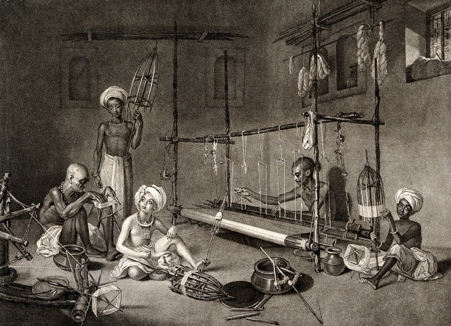kamlesm's tweet image. #Textile heritage of India
Indian workers spinning on loom #handloom
Stipple engraving by P.W. Tomkins, 1797, after Devis, Arthur William, 1762-1822.
Reference:46141i
Four boys &amp;amp; an old man working on loom. Coloured engraving
Date:1797 Reference:580108i
@ExploreWellcome