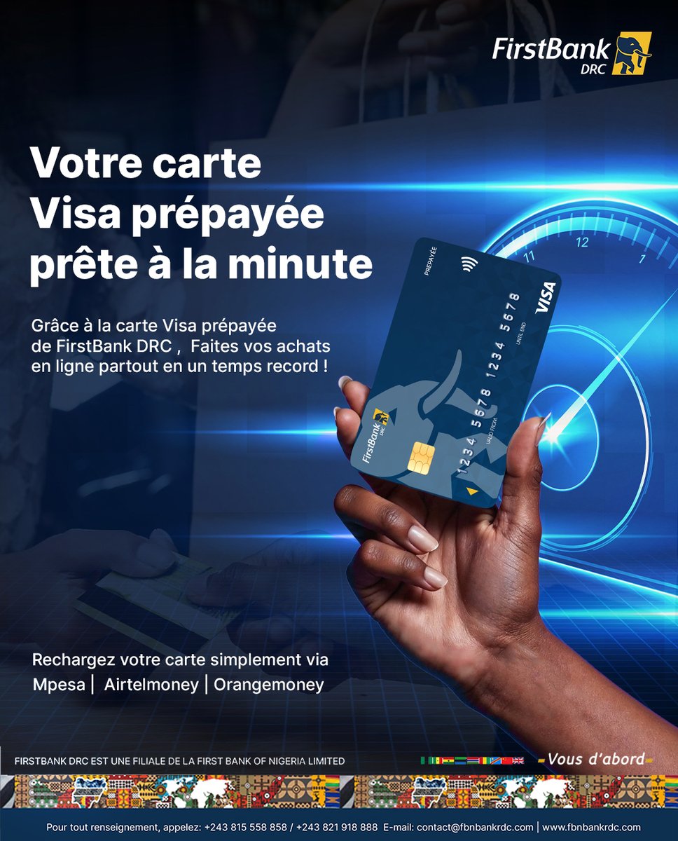✨ La carte Visa prépayée de FirstBank DRC : facile à obtenir, encore plus facile à utiliser! 

Faites vos achats en ligne partout en toute simplicité. 📱💳

#CarteVisa #FirstBankDRC #vousdabord #AcheterEnLigne #VisaPrépayée #DRC #FacileEtSûr