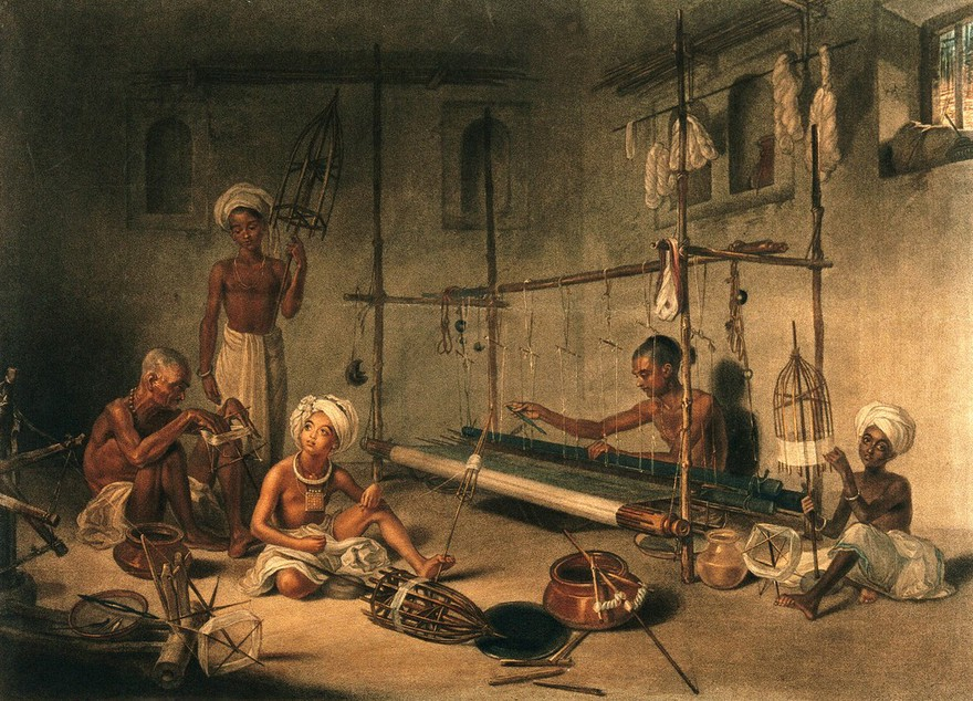 kamlesm's tweet image. #Textile heritage of India
Indian workers spinning on loom #handloom
Stipple engraving by P.W. Tomkins, 1797, after Devis, Arthur William, 1762-1822.
Reference:46141i
Four boys &amp;amp; an old man working on loom. Coloured engraving
Date:1797 Reference:580108i
@ExploreWellcome