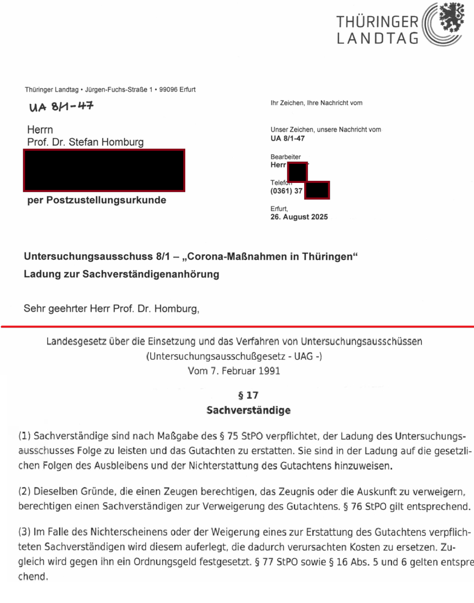Dieser „gelbe Brief” ist zur Abwechslung kein Strafbefehl, sondern eine förmliche Ladung als Sachverständiger. Nebst Belehrung über die schmerzlichen Folgen, falls ich fernbleibe. Also fahre ich am 30.09.2025 nach Erfurt.

Hintergrund: Zu einer Enquete-Kommission oder einer