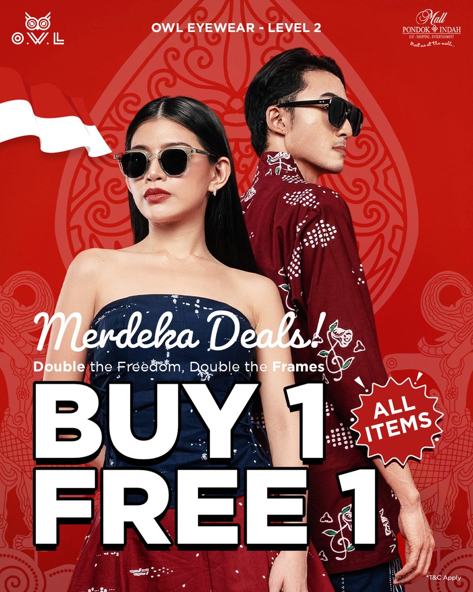 Di bulan kemerdekaan ini, OWL EYEWEAR rayakan kebebasan berekspresi lewat promo spesial:
Beli 1, Gratis 1 kacamata.

Karena gaya adalah hak setiap wajah.
Dua kacamata, satu harga, dan sejuta ekspresi.

Dapatkan promo nya di OWL EYEWEAR, Lt. 2, PIM 3

#PIMRumahKedua #RumahKedua