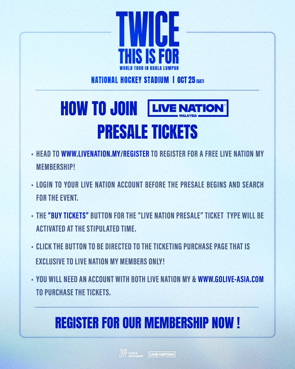 Live Nation Malaysia (@livenationmy) on Twitter photo Malaysian ONCE, itโs time to ๐พ๐๐๐๐ง ๐๐ฅ! ๐๐๐๐ ๐๐ ๐๐๐ you! ๐ญ๐ The wait is over, TWICE will be back in KL after 6 years!
๐๐๐๐๐ <๐๐๐๐ ๐๐ ๐
๐๐> ๐๐๐๐๐ ๐๐๐๐ ๐๐ ๐๐๐๐๐ ๐๐๐๐๐๐
๐
: 25 October 2025 (SAT)
๐: National Hockey Stadium
๐ซ: Malaysian ONCE, itโs time to ๐พ๐๐๐๐ง ๐๐ฅ! ๐๐๐๐ ๐๐ ๐๐๐ you! ๐ญ๐ The wait is over, TWICE will be back in KL after 6 years!
๐๐๐๐๐ <๐๐๐๐ ๐๐ ๐
๐๐> ๐๐๐๐๐ ๐๐๐๐ ๐๐ ๐๐๐๐๐ ๐๐๐๐๐๐
๐
: 25 October 2025 (SAT)
๐: National Hockey Stadium
๐ซ: