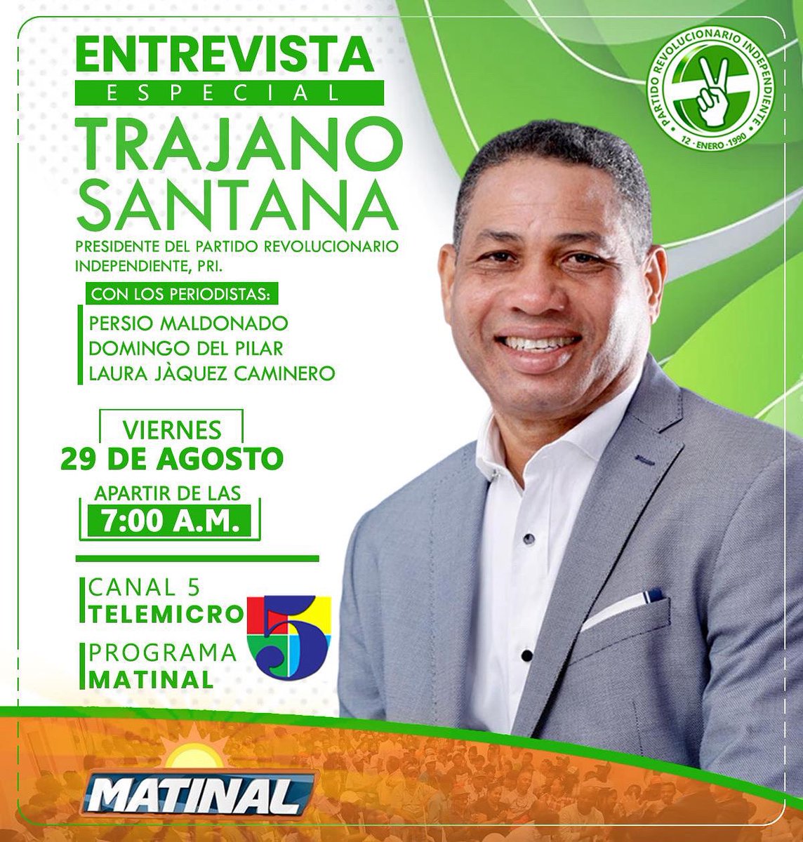 Trajanosantana_'s tweet photo. 📺✨ Este viernes 29 de agosto estaré en Matinal 5, compartiendo temas de gran interés nacional:
✅ Plan estratégico del @pri_oficialrd 
✅ Participación electoral rumbo al 2028
✅ Y otros asuntos de actualidad que impactan a nuestro país. https://t.co/WAZGWCqPPI