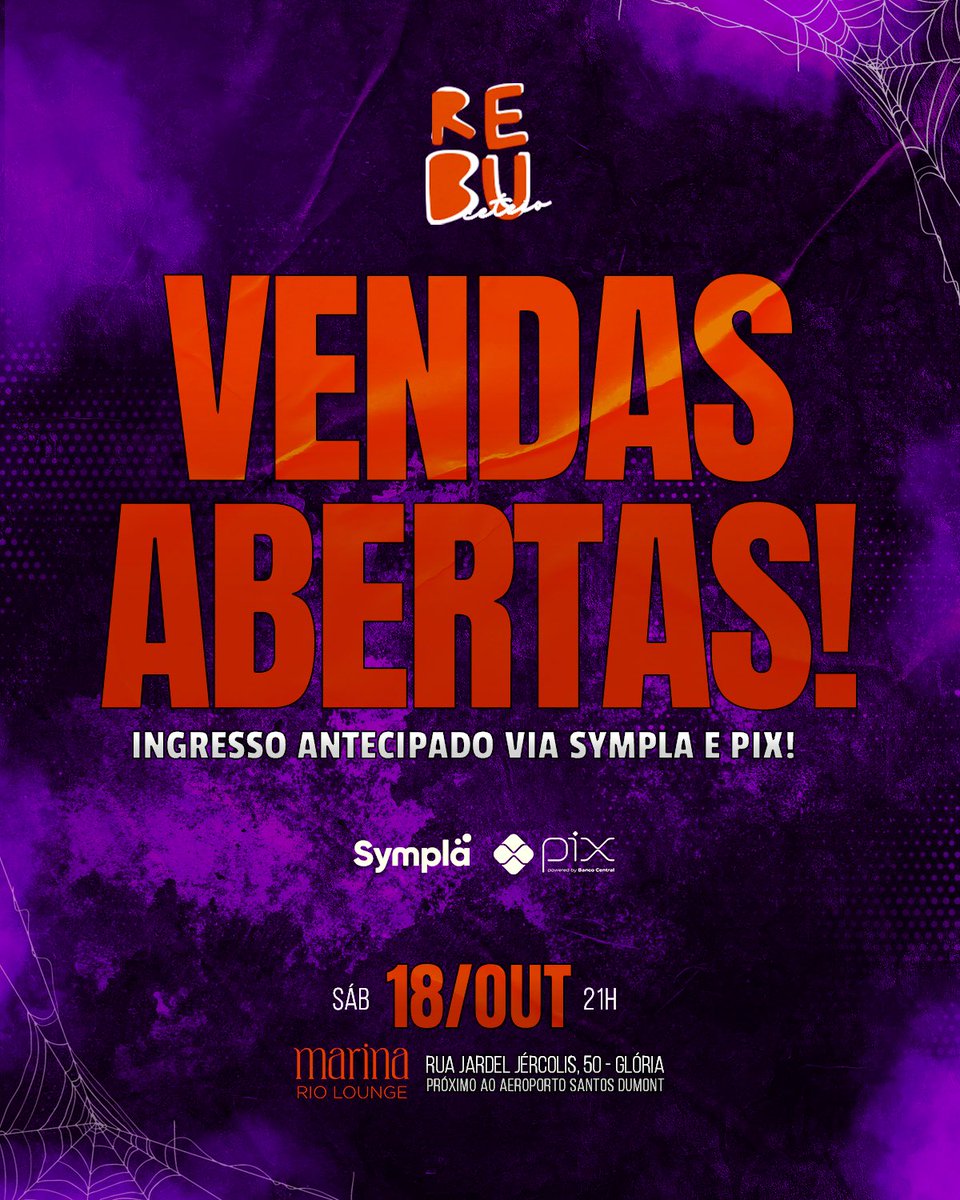 VENDAS ABERTAS!

📅 Sábado • 18/outubro
⏰ 21h às 06h
📍 @marinariolounge
🎟️ Ingressos: sympla.com.br/evento/rebu-de…