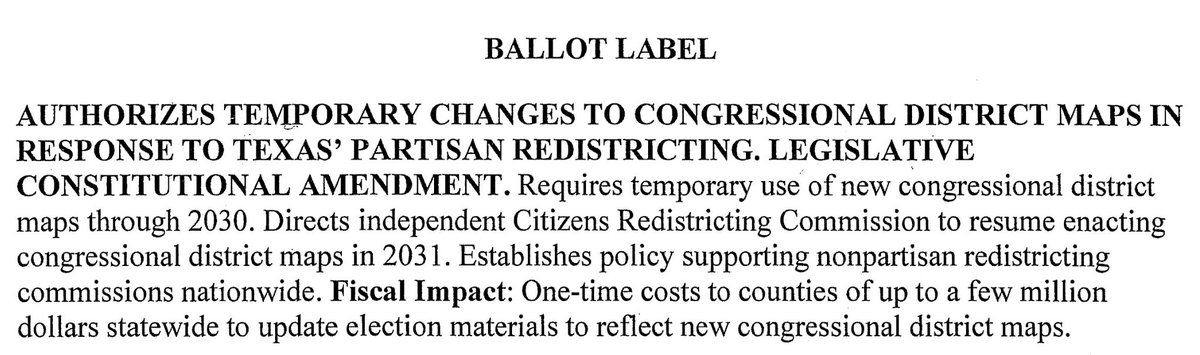 Here it is. As predicted, Newsom has resorted to outright election fraud to pass his Redistricting Sham. The official ballot language contains numerous lies:

-The "changes" to the map are not "temporary." They last until the next Census when another map is required.

-They are