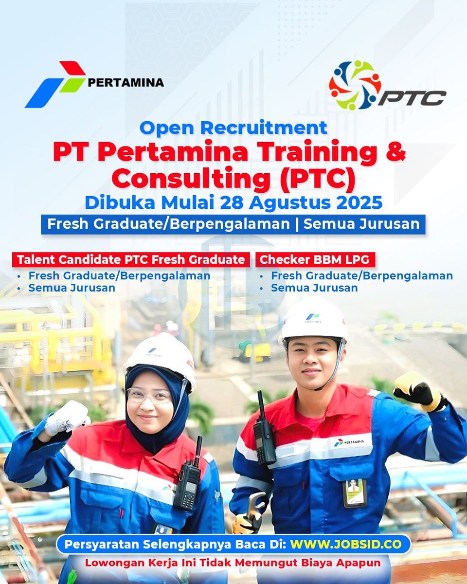 #Lowongan PT Pertamina Training &amp; Consulting (PTC) (Fresh Graduate/Berpengalaman | Semua Jurusan | Anak BUMN PT. Pertamina (Persero)). Syarat, Lokasi &amp; Cara Melamar Baca Di: jobsid.co