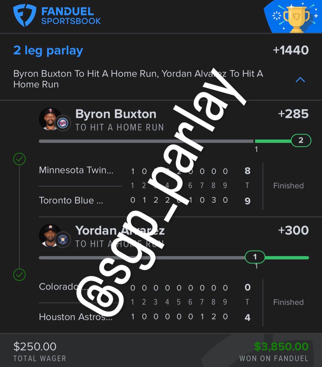 SGP_Parlay's tweet photo. What a goat 🤑

Byron Buxton x Yordan Alvarez 💥

Giving out 3 Discord Memberships for the NFL season to 3 people that retweet and like this post! https://t.co/3pEgr8UxdF